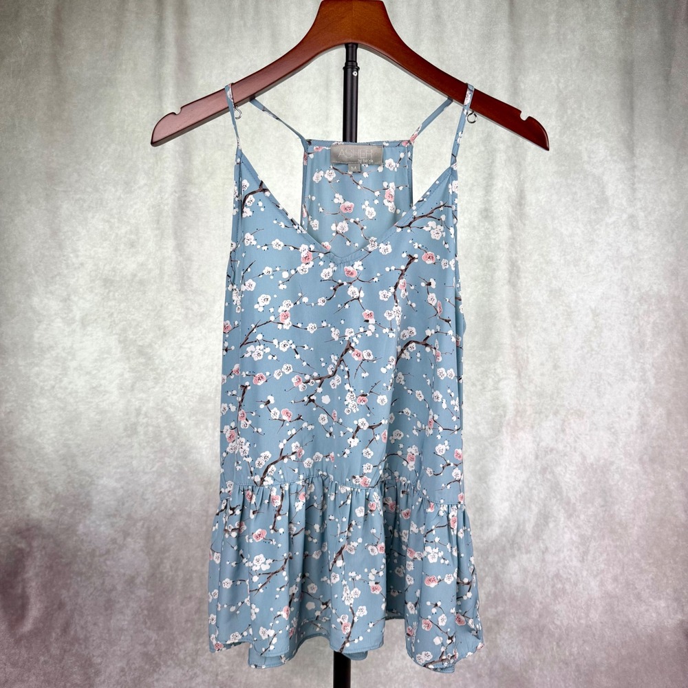 Blue Cherry Blossom Floral Print Cami Babydoll Tank Top Medium Coquette Fairy